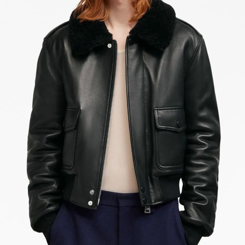 Ami Paris Shearling Collar Leather Bomber Jacket – L - NWT (+50% OFF RETAIL)